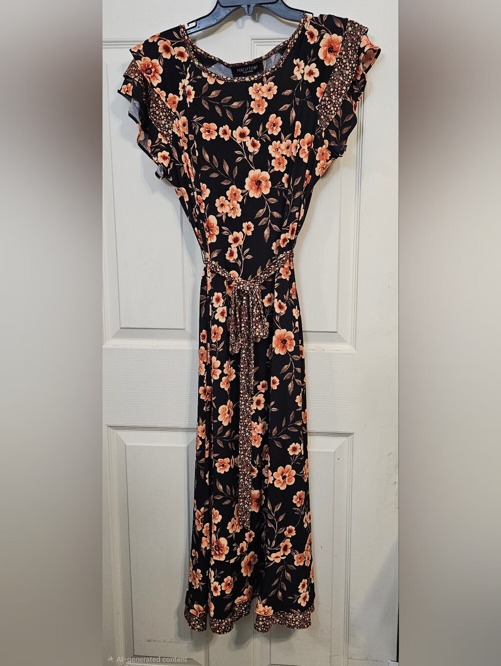 Perceptions Black Maxi Dress with Peach Floral Print and Tie Waist